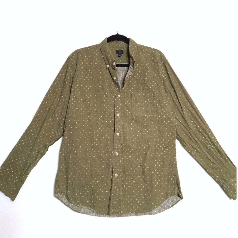 J.Crew Button Down Shirt Mens L Olive‎ Green Micro Dot Print Casual Long LS